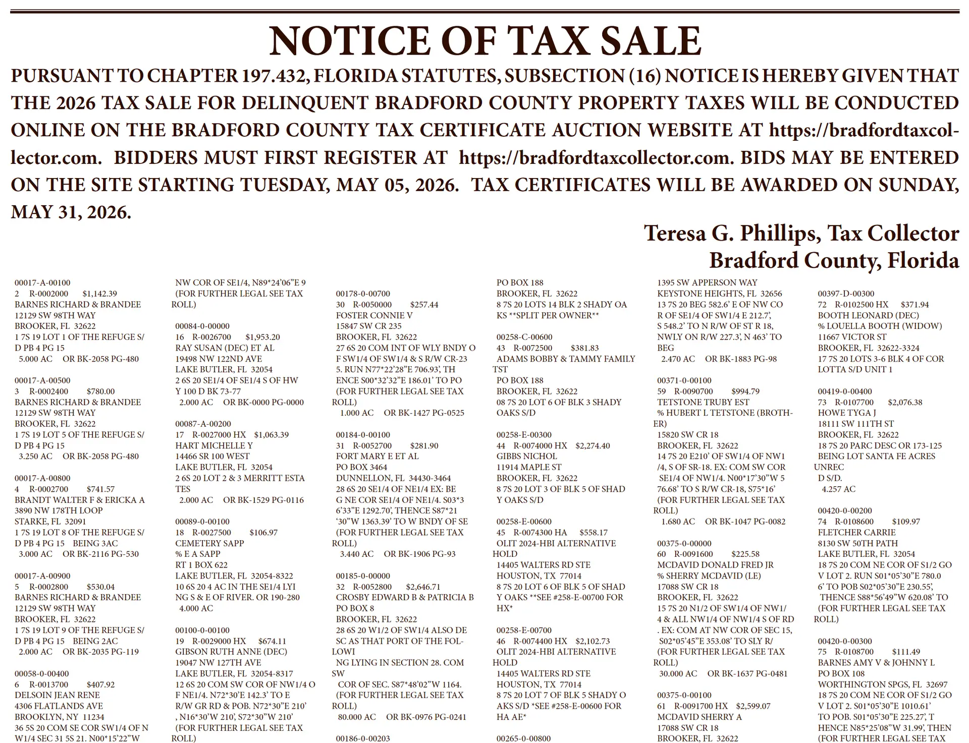 Notice of Tax Sales for Bradford and Union counties